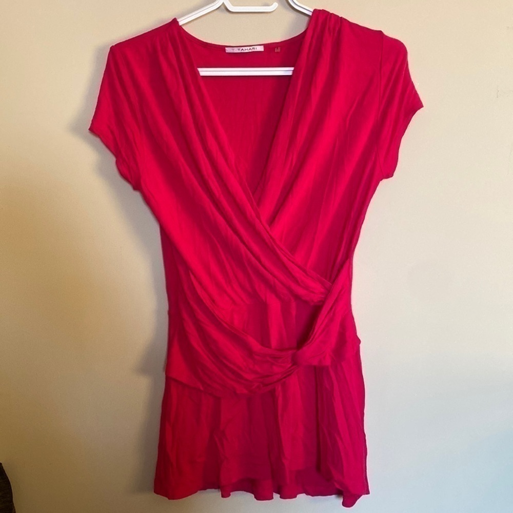 Tahari Hot Pink Faux Wrap Top Blouse Barbiecore Y2K Romantic Feminine